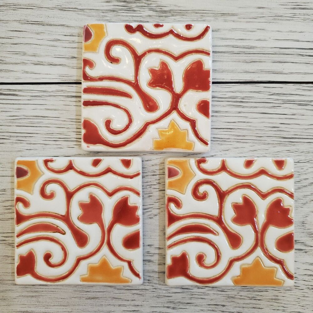 Pier 1 Ceramic Tile Scrollwork Glossy Finish Square Coasters Set of 3
